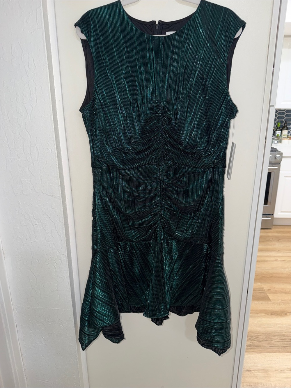 DKNY Metallic Green Pleated Ruched Asymmetric Hem Cocktail Mini Dress | 14